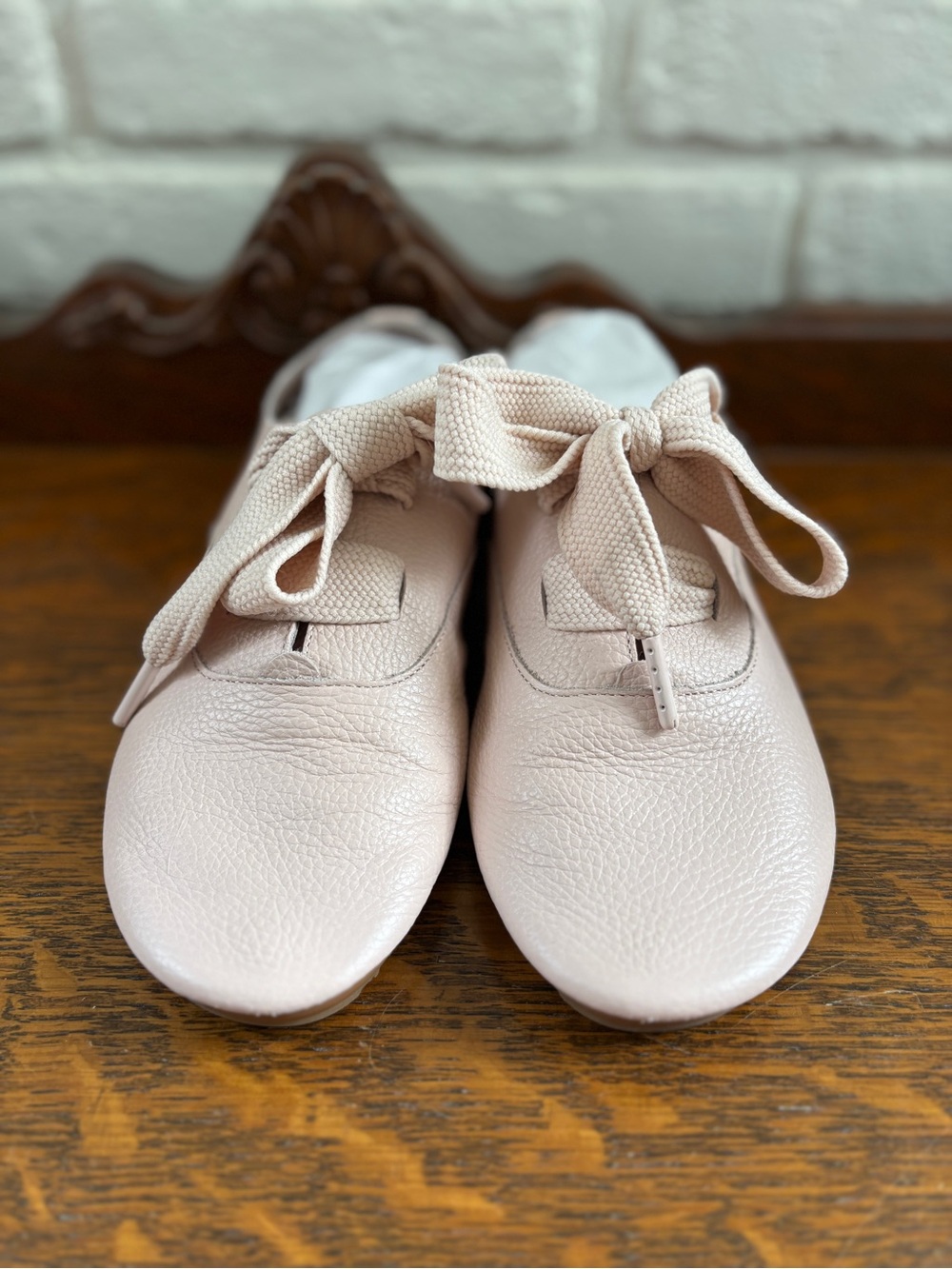 Blush Pink Leather Lace-Up Flats with Wide Ribbon Laces
